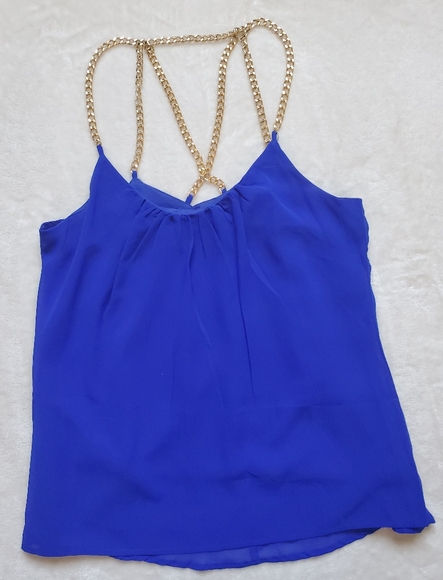 Electric blue blouse with gold colored chain. - Picture 5 of 6